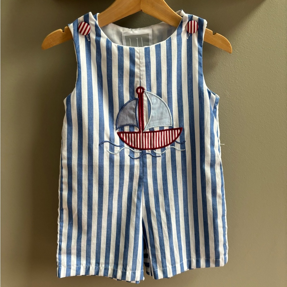 NWT Lil Cactus Blue & White Stripe Sailboat Appliqué Shortall